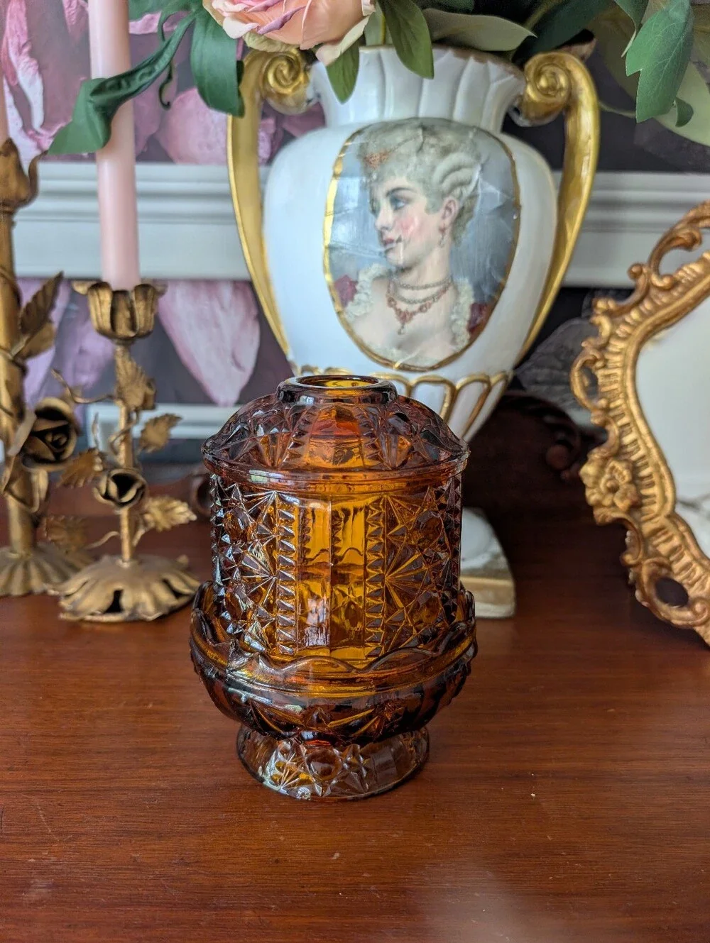 Vintage Indiana Glass Dark Amber Fairy Lamp, Stars and Bars, READ
